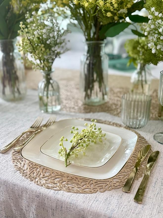 " OCCASIONS " 120 Pieces Pack,(60 Guests) Premium Wedding Party Disposable Plastic Plates Set -60 x 10'' Dinner + 60 x 7'' Salad/Dessert (Belize Square in Ivory & Gold)