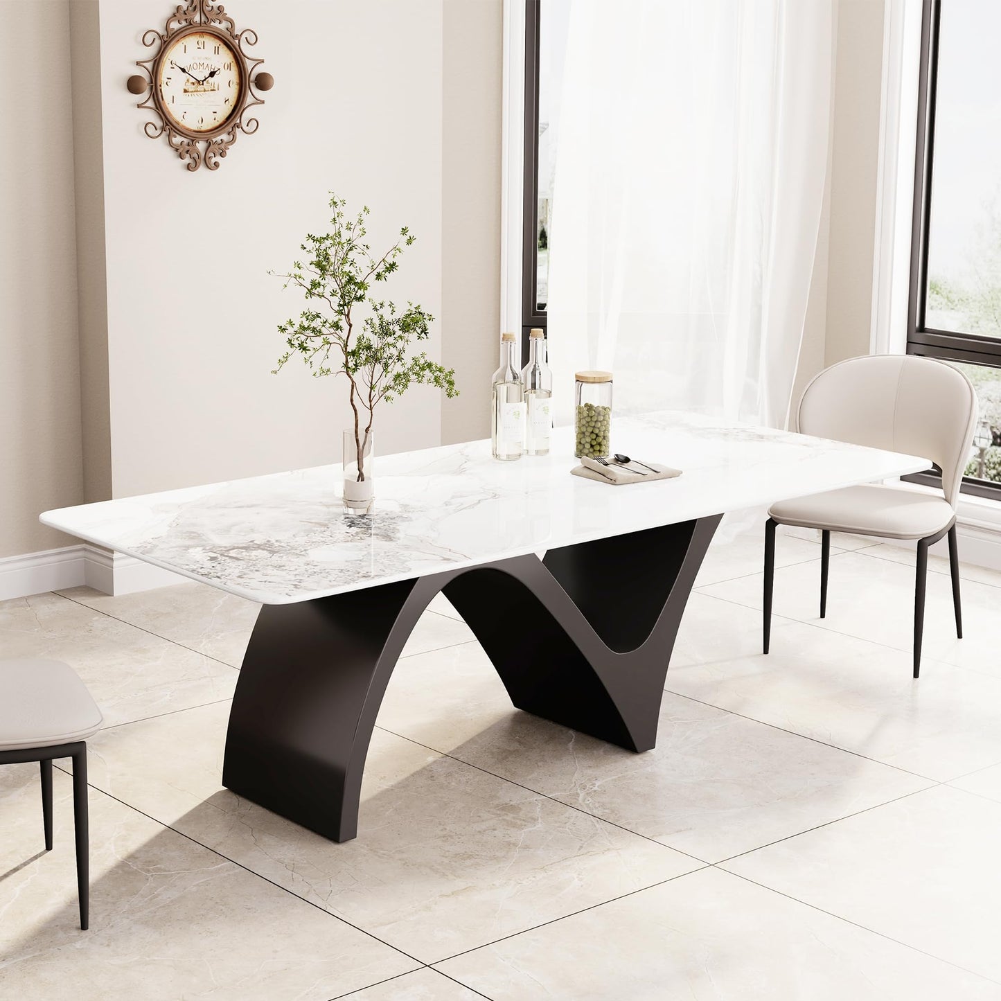Modern Dining Table for 6, Sintered Stone Dining Tabletop with Unique N-Shaped Metal Base, 71" Rectangle Dining Table for Dining Room Table Kitchen (Table Only)