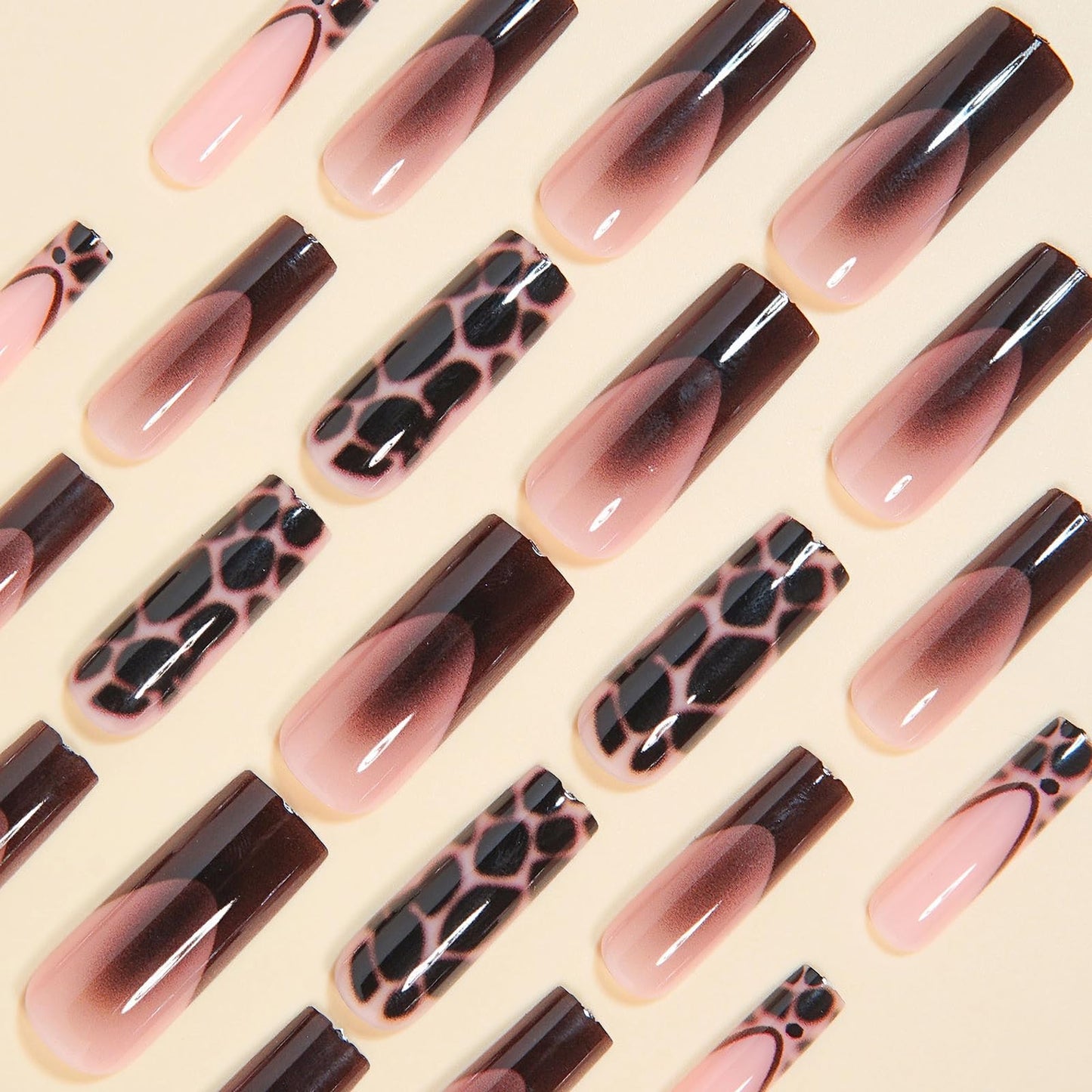 MISUD Press on Nails - Long Square Fake Nails with Black Brown French Tip, Acrylic Tortoise Design 24 pcs