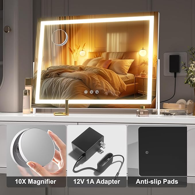 Hasipu Vanity Mirror with Lights, 16.9" x 13.4" LED Makeup Mirror, Light up Mirror with 10X Magnification, Smart Touch 3 Colors Dimmable, 360° Rotation (White)