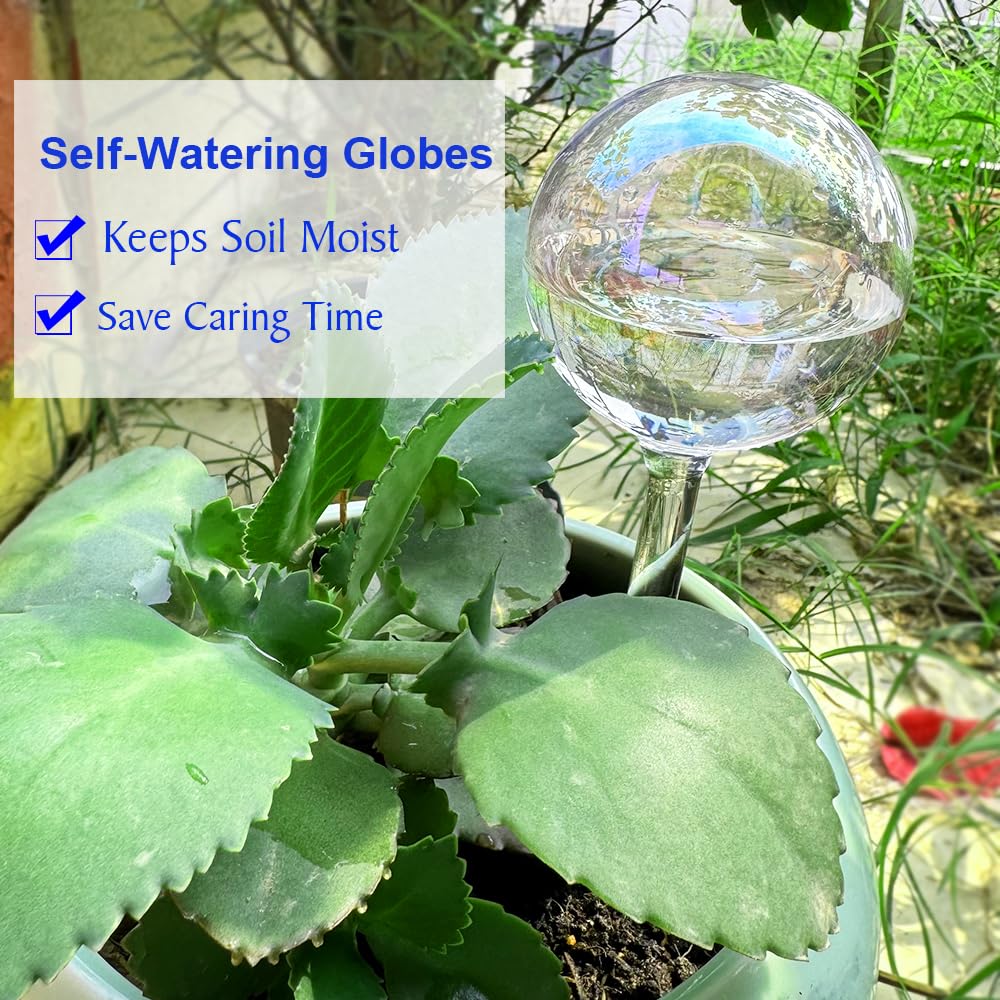MOONSOUND Plant Watering Globes, 2pcs Plant Automatic Water Bulbs Flower Self Feeder Balls Irrigation Device Auto Waterer Planter Insert Stakes for Indoor Outdoor Garden Potted While Away on Vacation