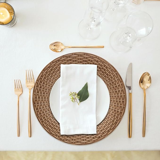 MAONAME Faux Rattan Charger Plates Set of 6, Table Chargers for Dinner Plates, 13" Round Brown Plate Chargers, Plastic Charger for Table Setting, Wedding Decor