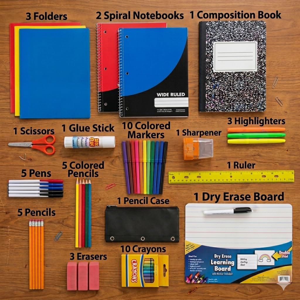 Bebbet 53-Piece School Supplies Kit – Back to School Essentials Set with Folders, Notebooks, Pencils, Pens, Markers, Crayons, Scissors, Ruler & Dry Erase Board for Elementary, Middle & High School