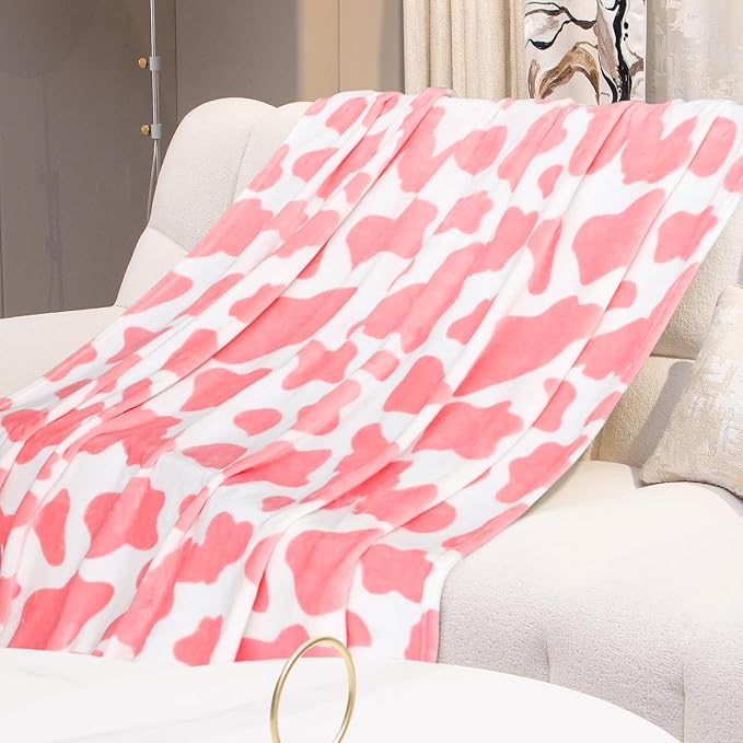 Pink Twin Fleece Blanket - Cozy Fuzzy Lightweight Cow Print Fleece Throw for Bed, Sofa, Room Decor -Soft Cow Gifts for Girls 60"x80"