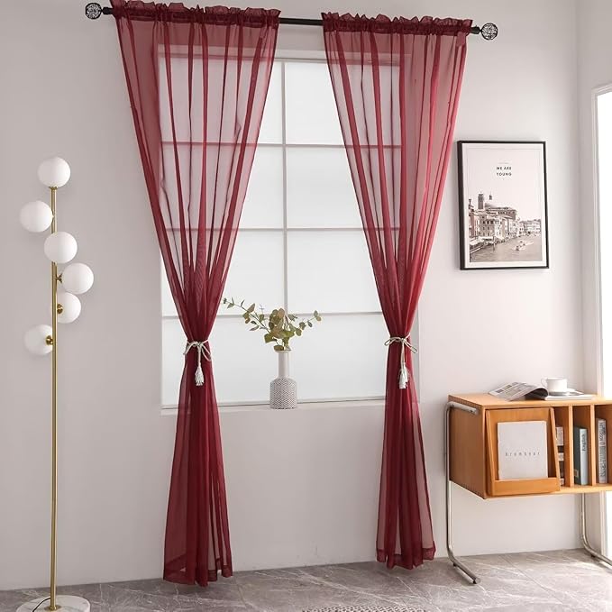 SpaceDresser Burgundy Sheer Curtains 4 Panels Rod Pocket Semi-Sheer Curtain 90 Inches Long Light Filtering Voile Window Drapes for Bedroom Living Room Kitchen, Each 52W x 90L