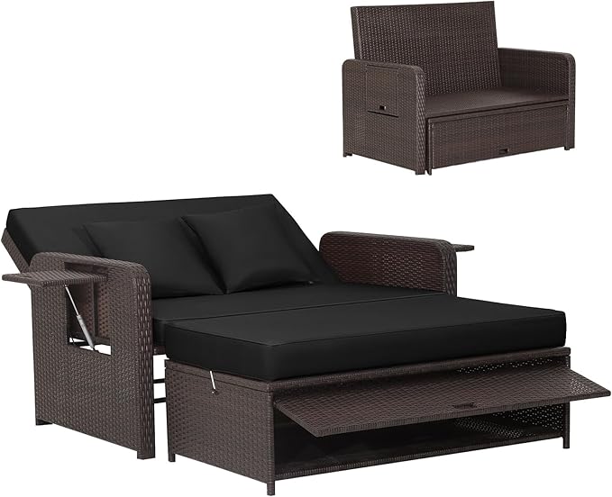 HAPPYGRILL Patio Rattan Wicker Daybed with Loveseat & Storage Ottoman, Outdoor Lounge Sofa Furniture Set with Adjustable Backrest & Side Trays, for Poolside Deck Porch Lawn (Mix Brown & Black)
