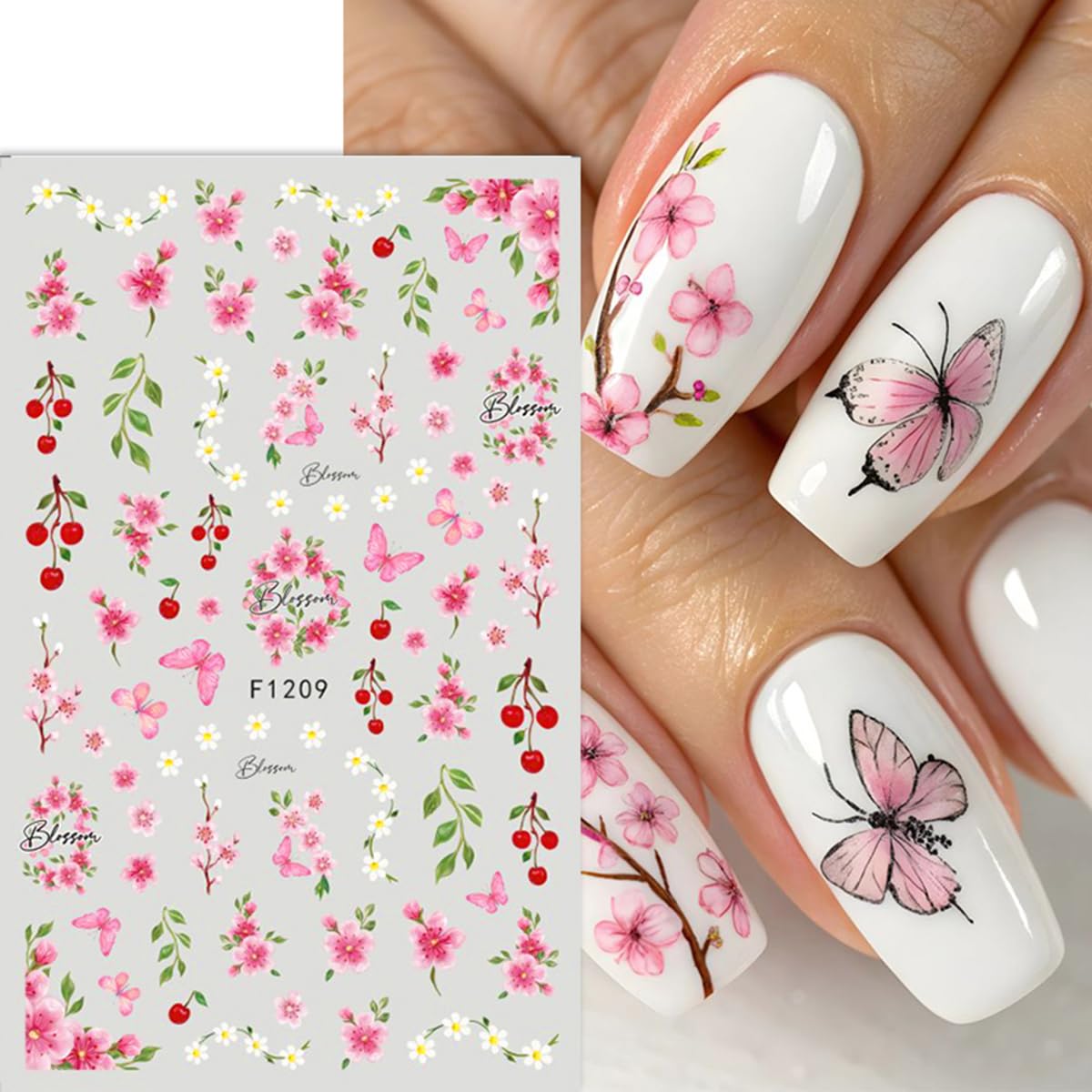 5 Sheets Spring Nail Stickers 3D Self-Adhesive Flower Nail Art Stickers Floral Nail Decals with Leaves Butterfly Ladybug Strawberry Bee Design for Women Spring Summer DIY Nail Decor