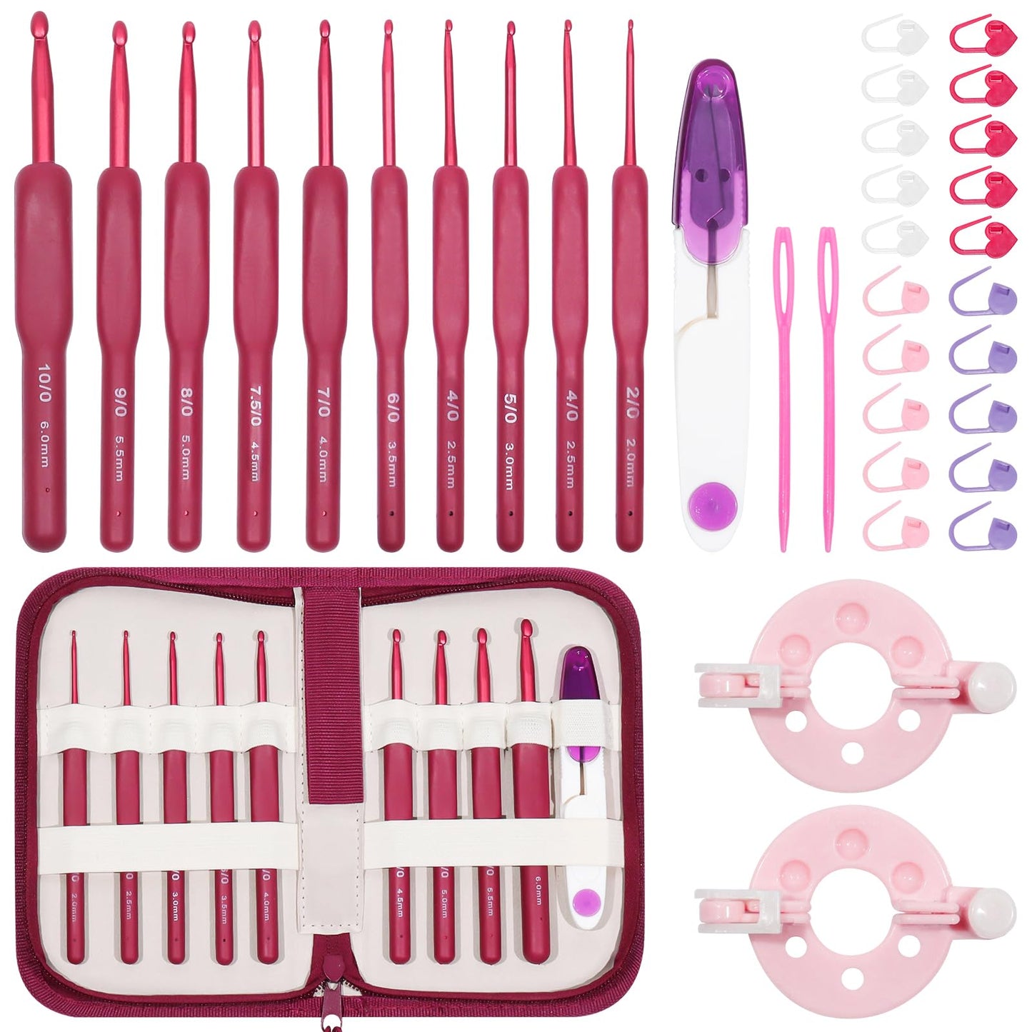 VASTRISE 34PCS Crochet Hooks Set,9 Sizes 2.5-6 mm Red Gradient Aluminum Ergonomic Soft Handle Crochet with Case and Crochet Kit for Beginners Adults for Arthritic Hands Crochet Needle Set (Red)