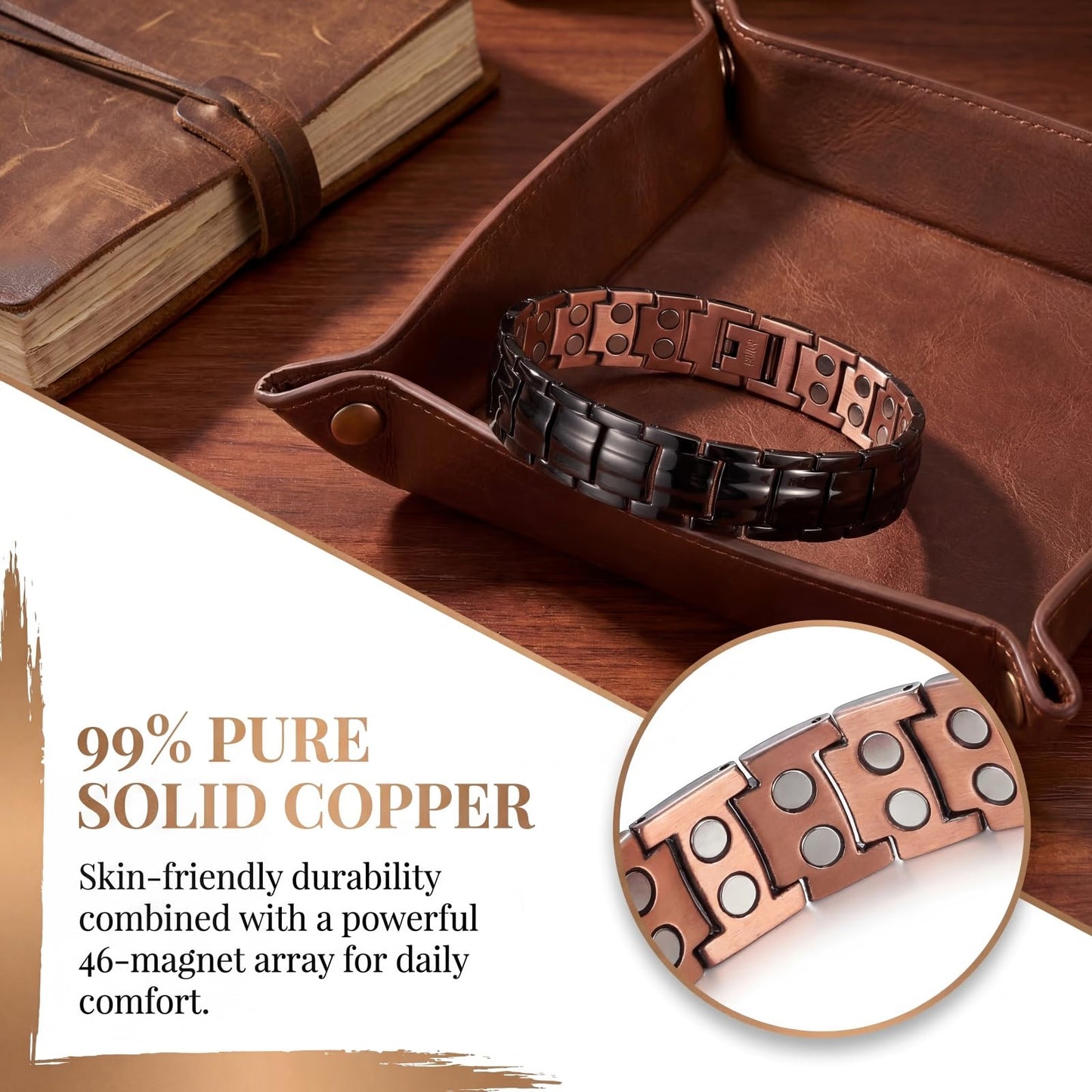 Picalela Magnetic Copper Bracelet for Women & Men(Unisex) – 99% Pure Solid Copper with 46 Magnets, Adjustable Wide-Link Design to Boost Circulation & Alleviate Fatigue (Black)