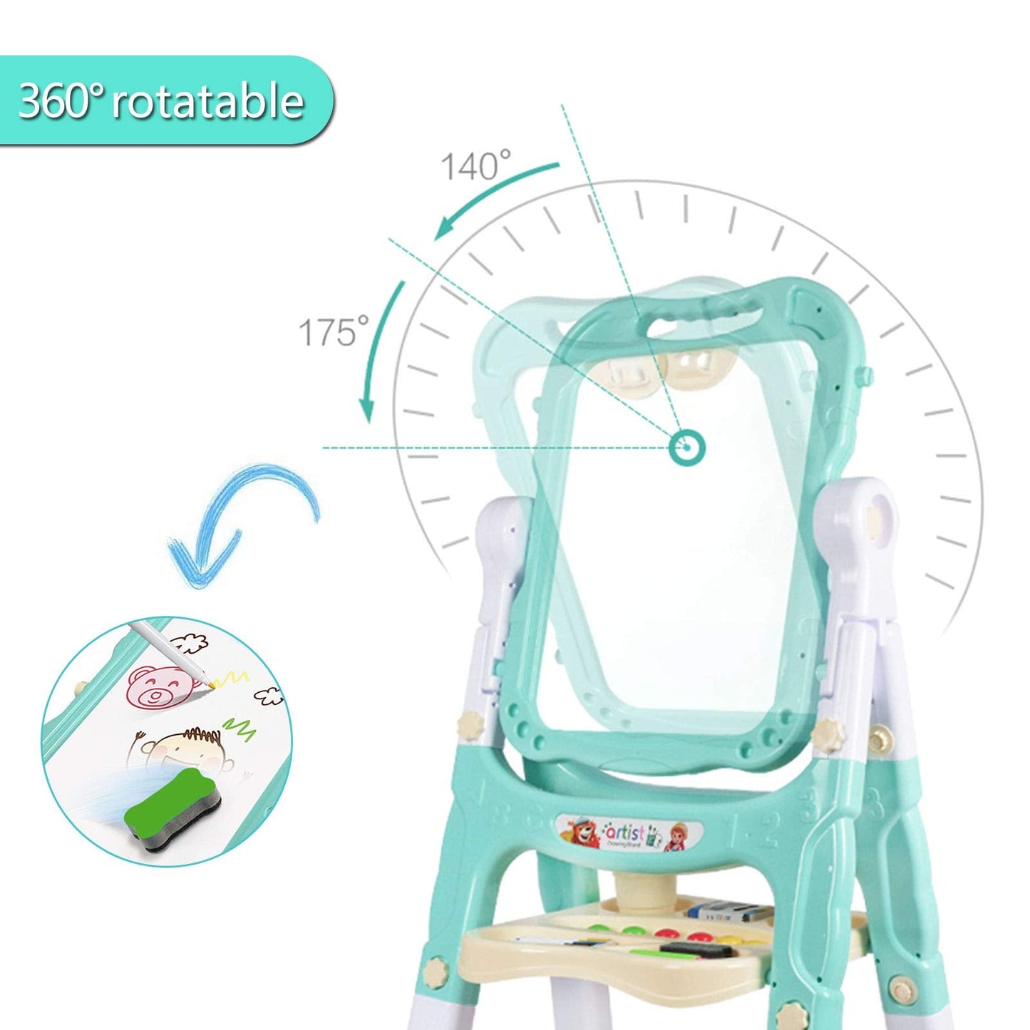 Mojitodon Easel for Kids,Rotatable Double Sided Easel for Kids Adjustable Standing Art Easel with Painting Accessories for Toddlers Boys and Girls-Green