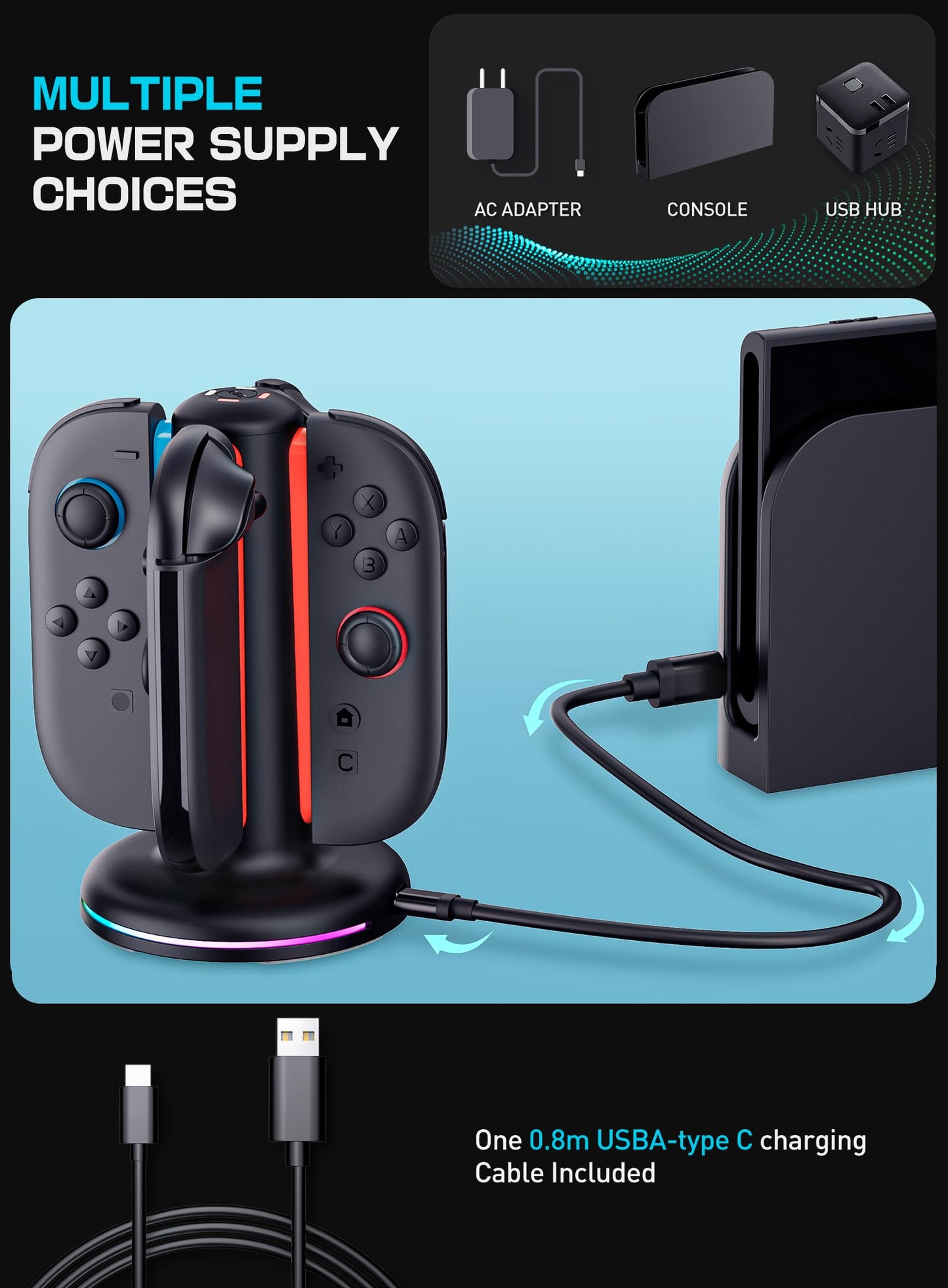 SUPCASE Charging Dock for Nintendo Switch 2 Joy Con, [Supports Dual-Side Charging] [9 Light Modes] Magnetic Controller Fast Charger Stand Station Compatible with Switch 2 Joy Con Accessories, Black