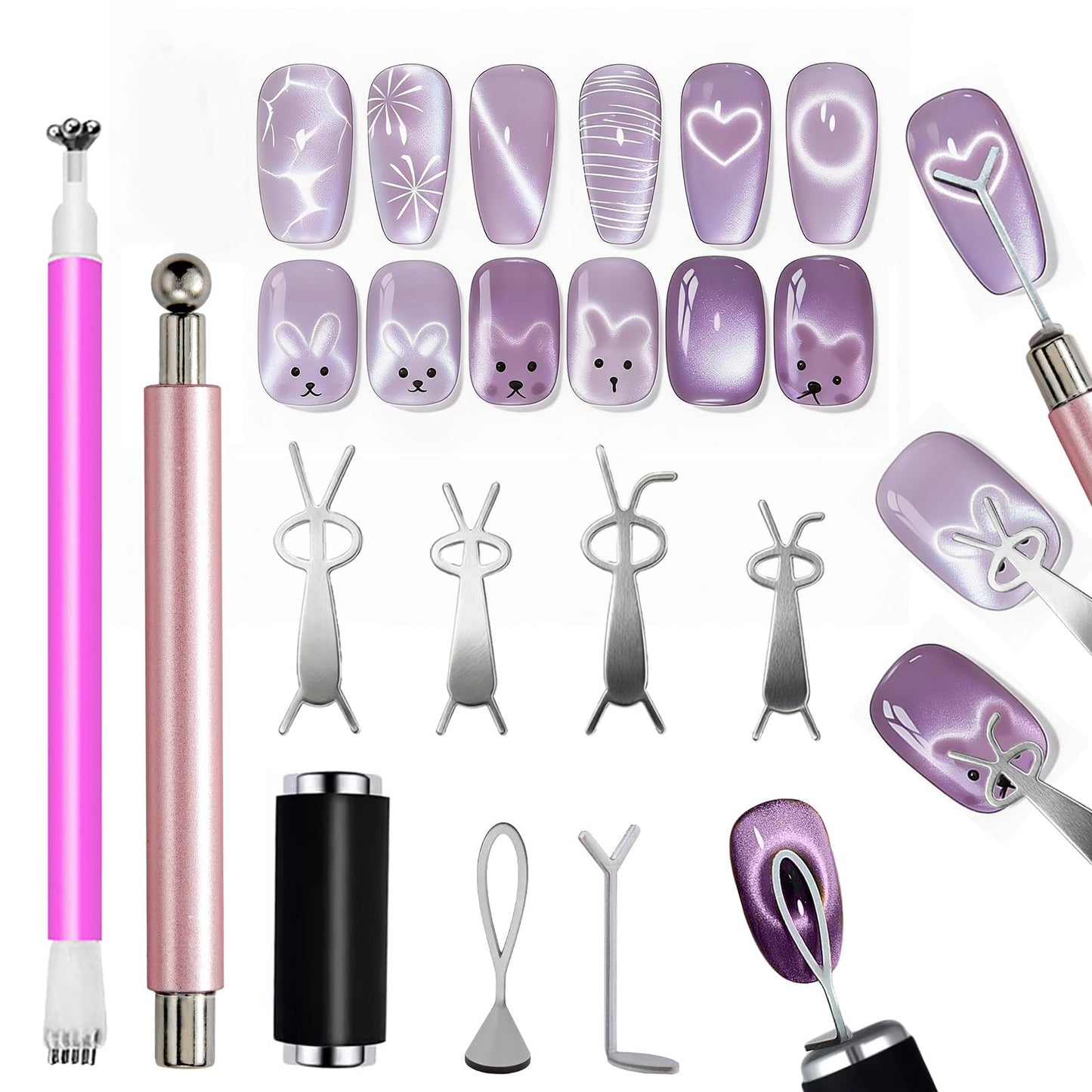 YECIRALA 3Pcs Cat Eye Magnet For Nails Magnet Tool Set With Y&O-Shape And Bunny Iron Molds, 3 Uniquely Shaped Nail Magnet For Nails, Strong Magnetism Cylinder Cat Eye Gel Nail Polish Magnet Sticks