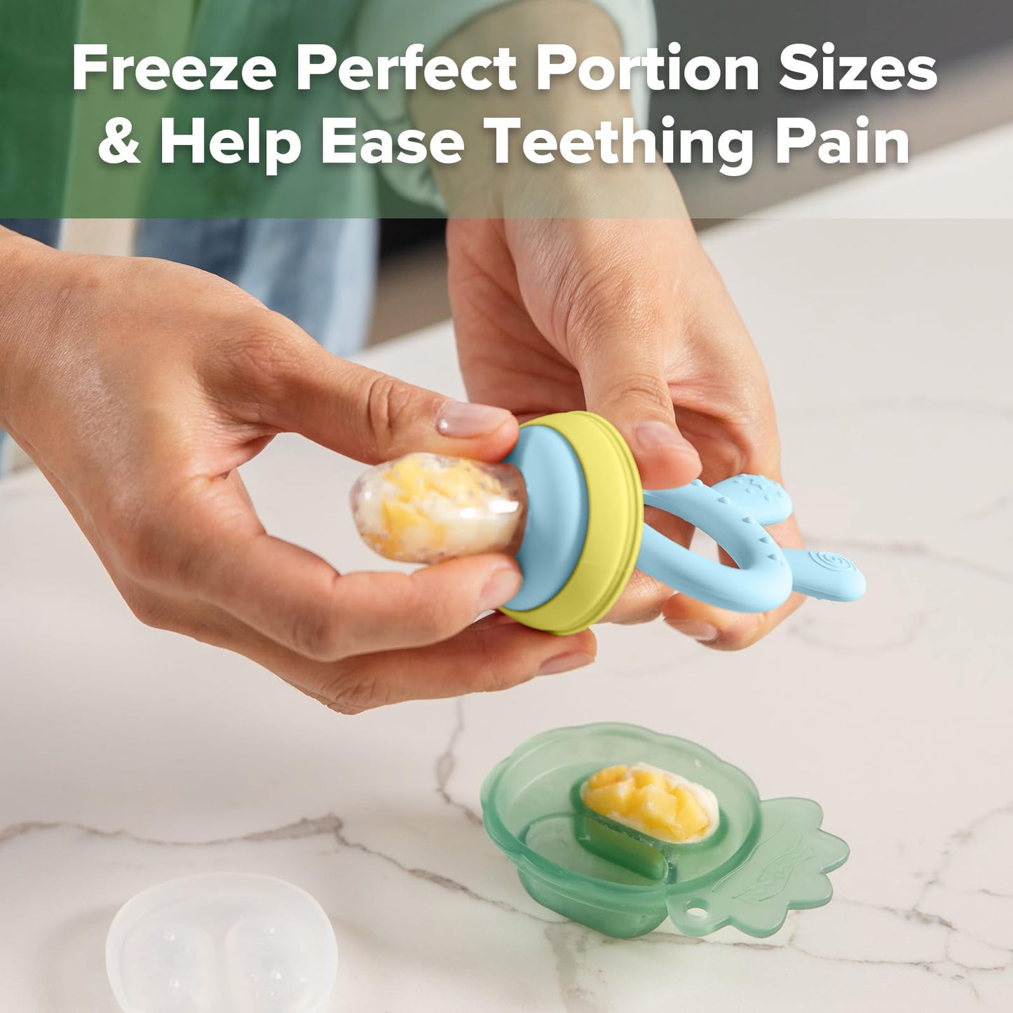 标题：Haakaa Baby Fruit Food Feeder with Mini Freezer Nibble Tray Combo & Silicone Replacement Pouch(Blue & Medium Size)