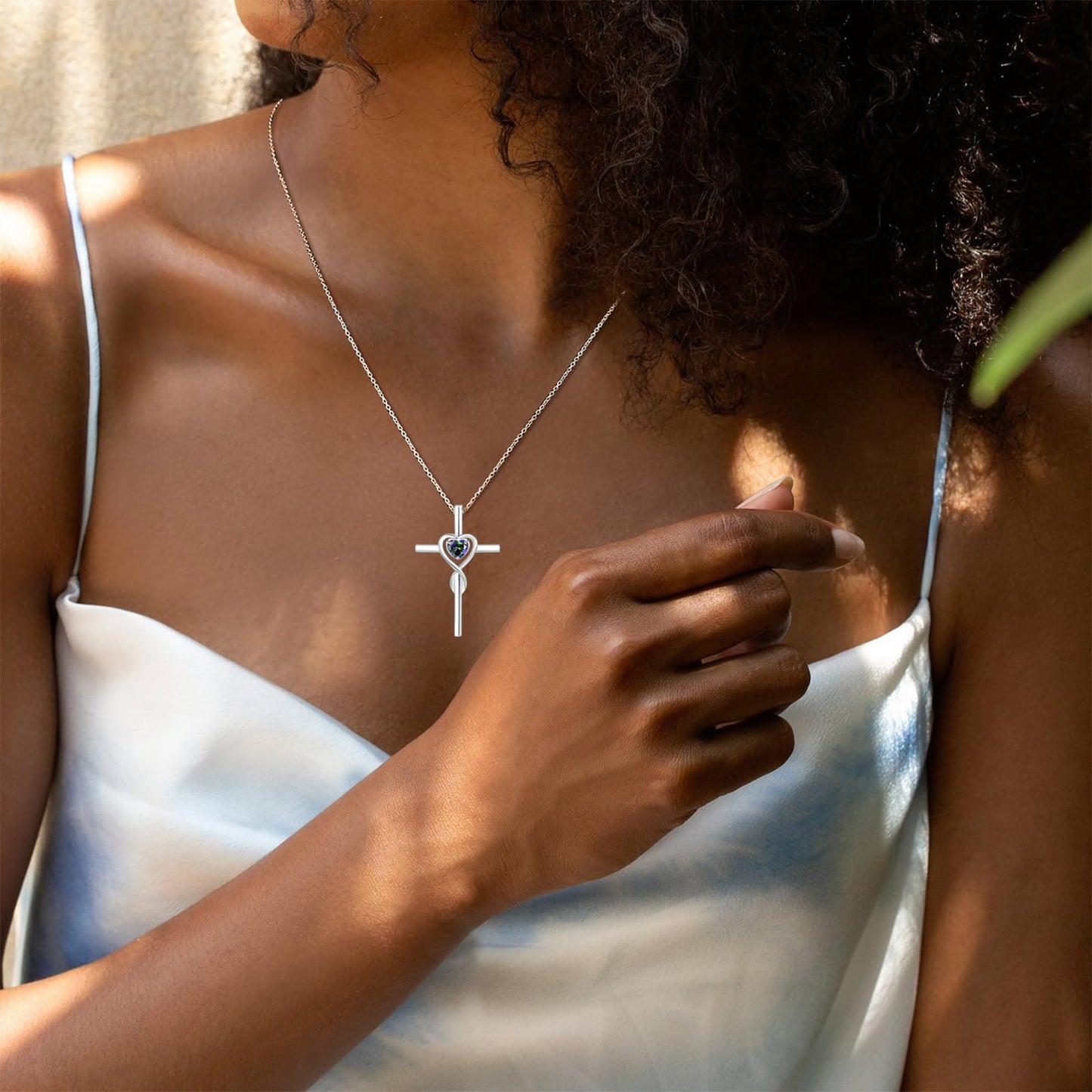 FANCIME Alexandrite Cross Necklace For Women Sterling Silver Birthstone Necklace Alexandrite Infinity Heart Cross Pendant June Birthstone Jewelry Gifts for Women