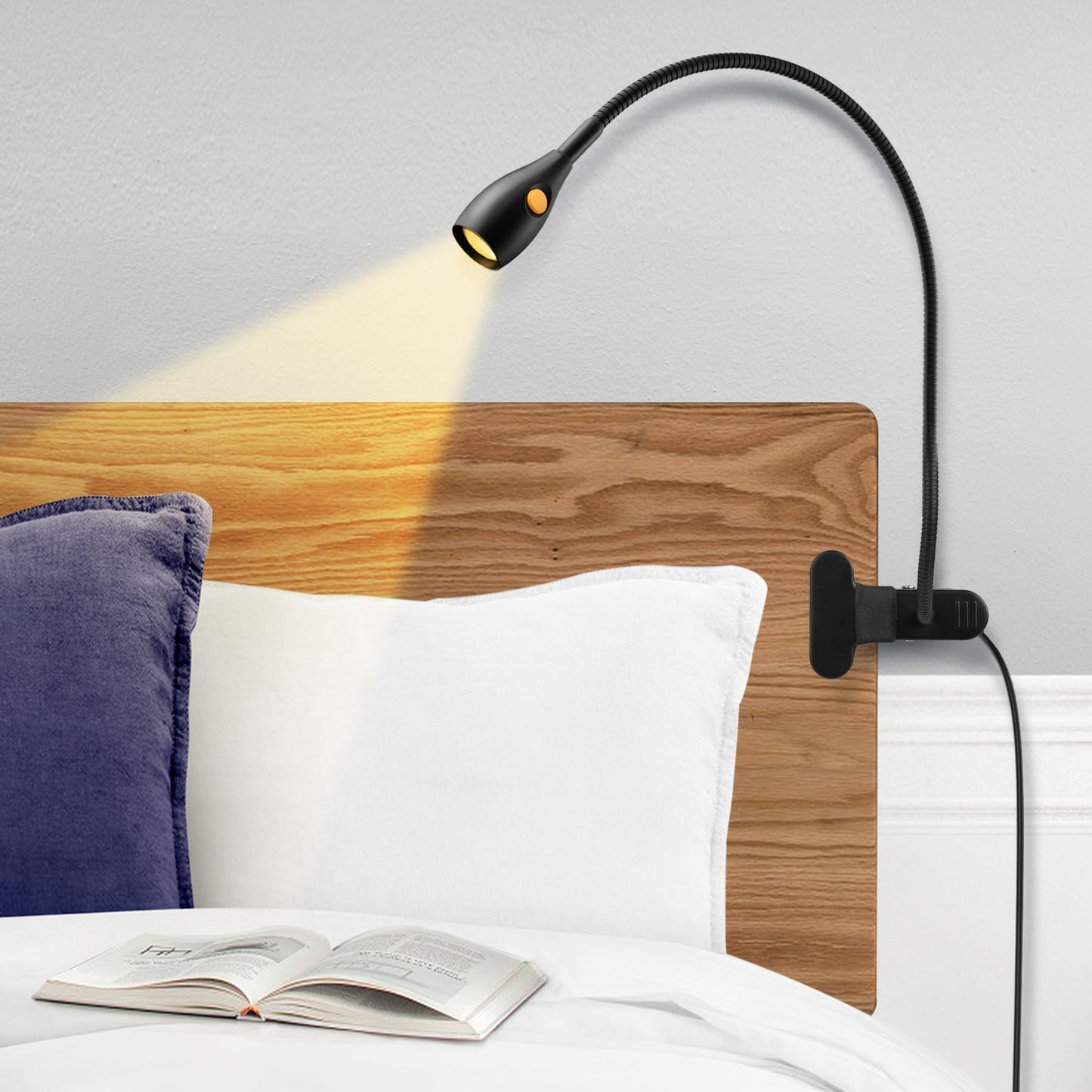 acegoo Minimalist Reading Light for Bed Headboard Dimmable Book Light Clip on Lamp with USB-C Adapter, Flexible Neck & Handy Lamp Head Switch, CRI 90+