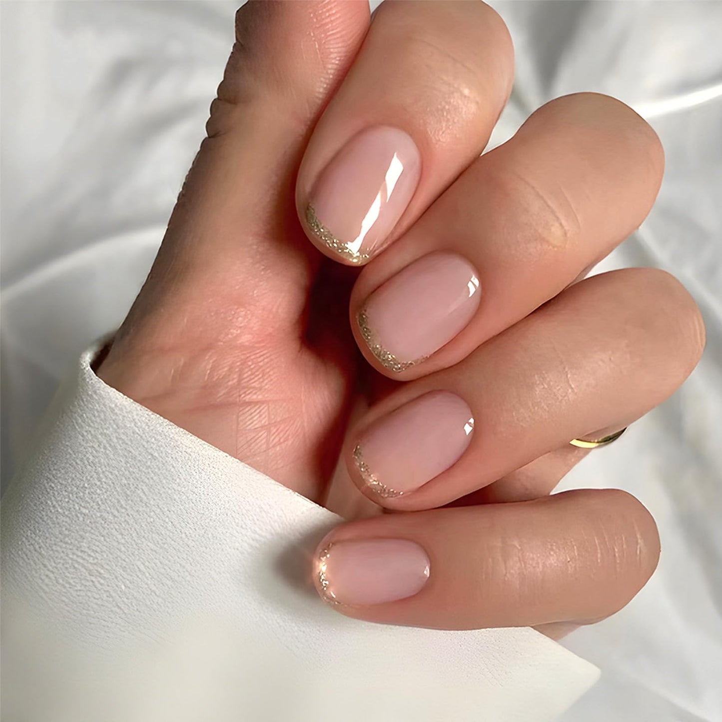 Gold Glitter French Tip Press On Nails Short Square Fake Nails Translucent Nude Glossy False Nails Natural Reusable Stick On Nails for Women, 24Pcs Extra Short Salon Quality French Manicure