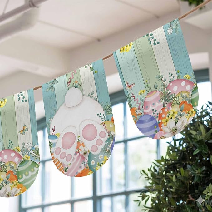Cute Easter Bunny Banner 3Pcs Indoor Outdoor Hanging Banner Flag Eucalyptus Leaves Colorful Eggs Wooden Sign for Fireplace Mantel Decorative Bunting Garland Valance for Shop Door Decor 7.9"x11.8"