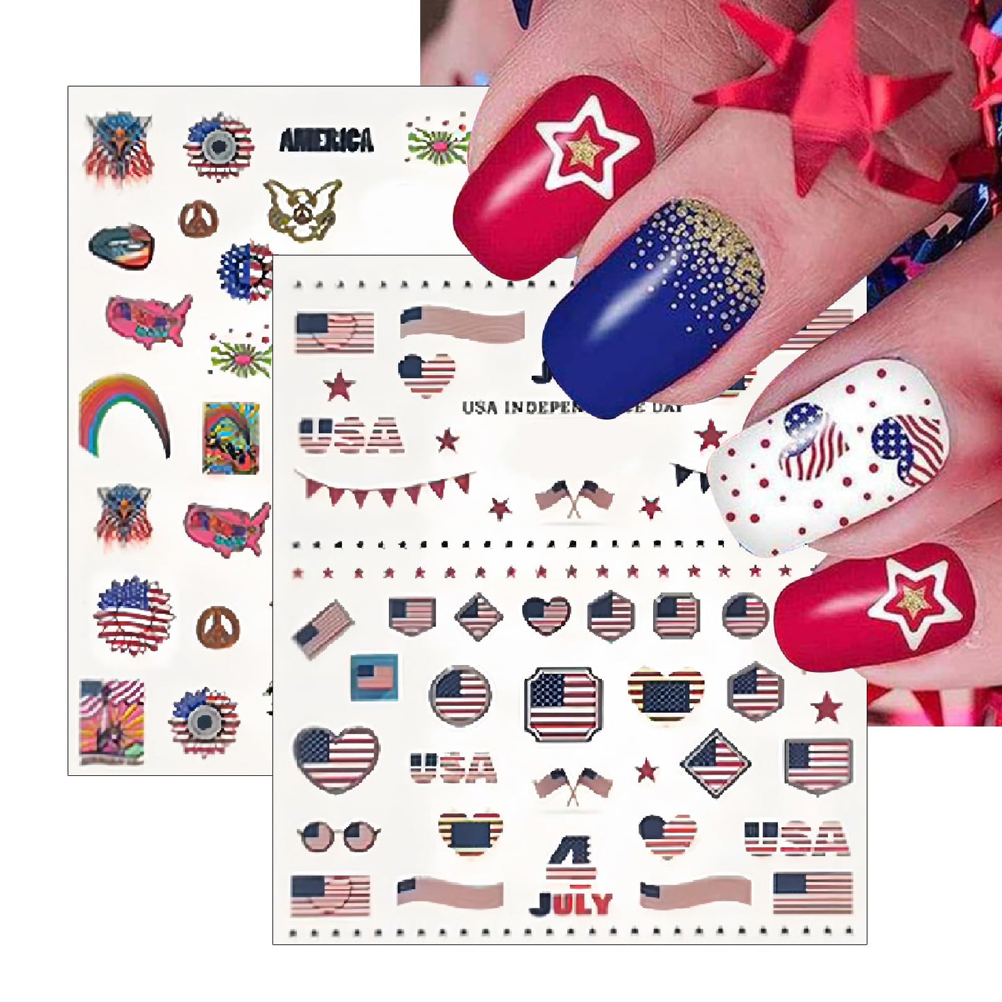 5 Sheets Independence Day Embossed Nail Art Stickers Self-Adhesive July 4th American Flag Eagle Fireworks Balloon Design Statue of Liberty Women's Nail Decoration