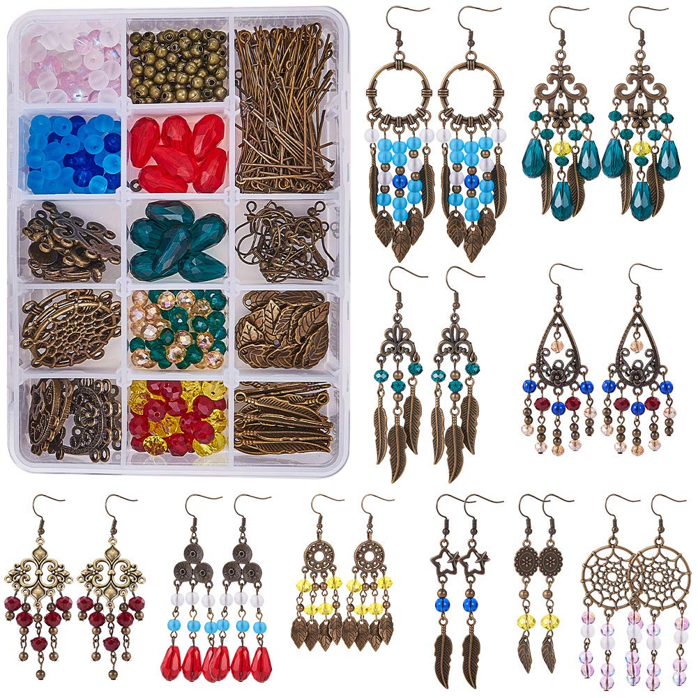 SUNNYCLUE 1 Box DIY 10 Pairs Chandelier Bohemian Earring Making Kit Earring Connector Feather Charms for Jewelry Making Kit Faceted Glass Beads Dream Catcher Links Leaf Assorted Bead Instruction