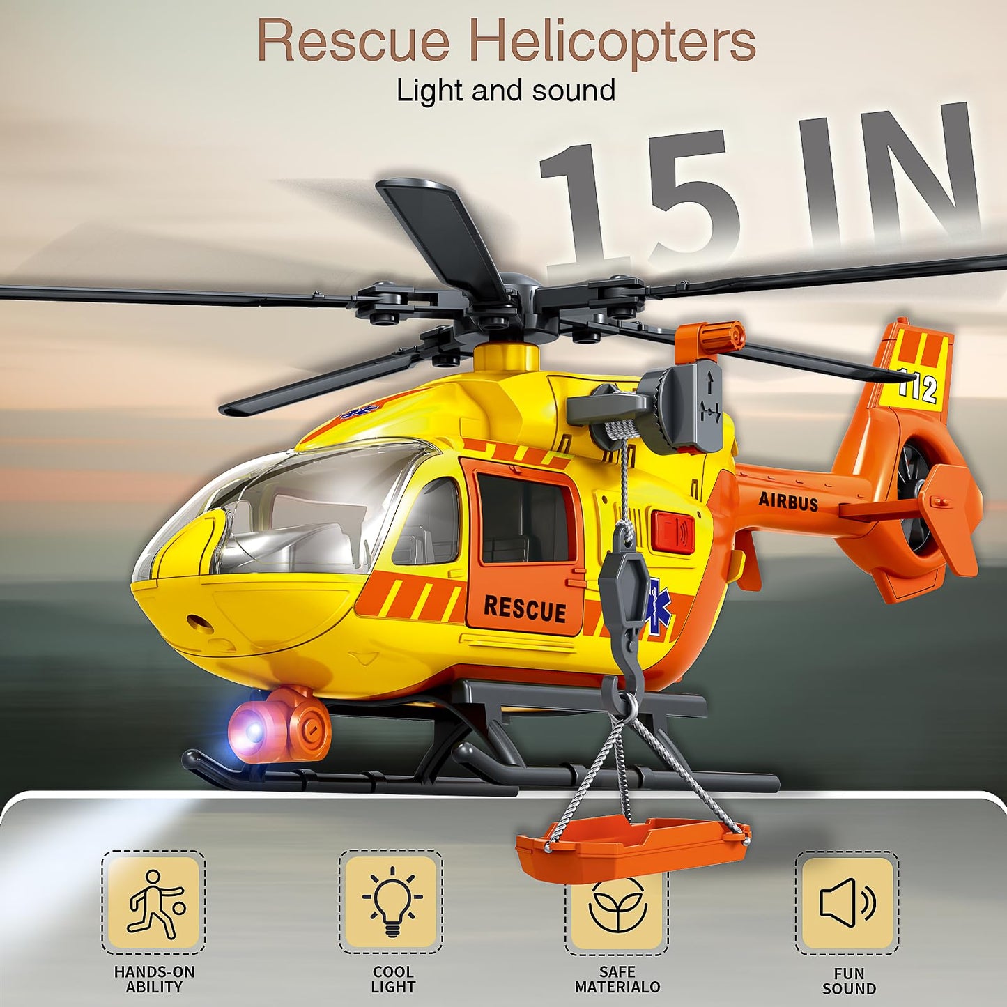 XUEXUE Large Rescue Helicopter Toy 15 Inch, Yellow Emergency Helicopter with Crane & Hanging Tray, Lights and Sounds, 112 Rescue Sign, Helicopter Toys for Kids 3-7, Birthday Gift