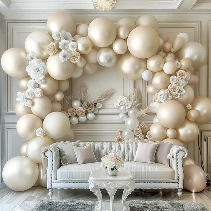 Pearl White Balloon Garland Kit, Double Stuffed – Sand White, Pastel Ivory & Cream Latex Balloons in 3 Sizes for Wedding, Bridal, Baptism & Baby Shower