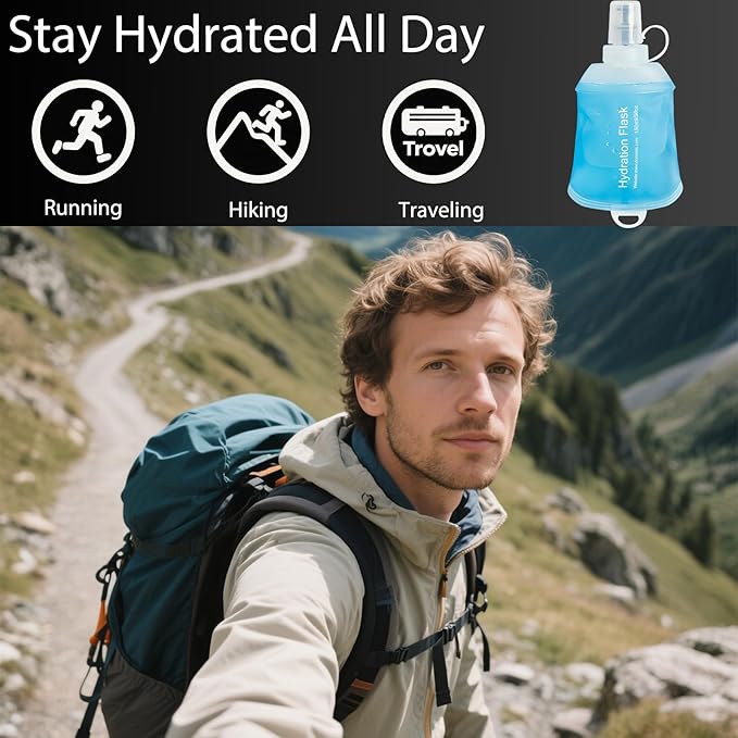 CLINTT 500ml Soft Flask, Foldable Running Water Bottle, TPU Folding Soft Water Flask, BPA-Free Collapsible Flask for Hydration Pack Running Vest, Cycling, Climbing, Hiking - 1Pcs, Blue