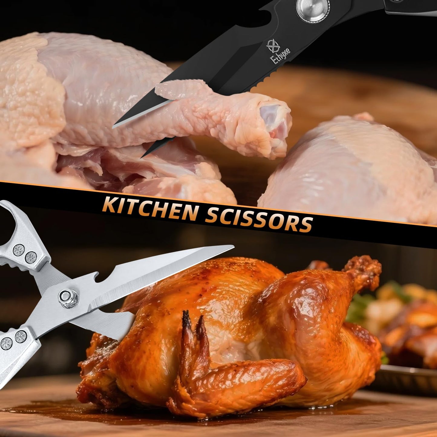 Ethyxe Kitchen Scissors Set - Heavy Duty Japanese Style, Dishwasher Safe, All Purpose Meat Cutting Shears, Sharp Food Scissors for Chicken Bones, Turkey, Fish & Vegetables