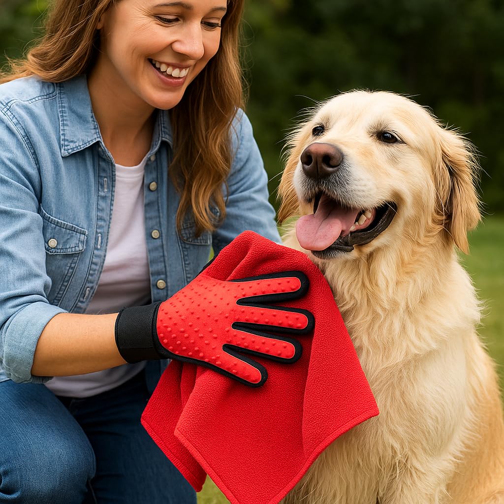 Pet Grooming Set – Red Bath Glove + Microfiber Towel (2-Piece Dog & Cat Spa Bundle)