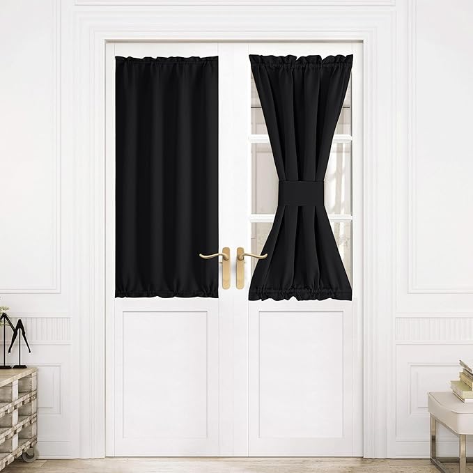 NICETOWN Blackout Door Curtains, Rod Pocket Privacy Thermal Insulated Sidelight French Door Curtains with Tieback, Window Covering for Classroom, 1 Panel, 30 inch Wide x 50 inch Long, Black