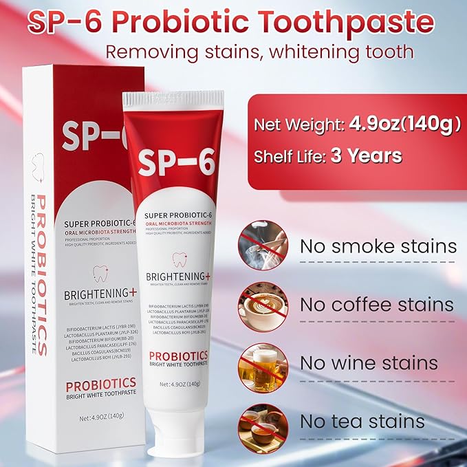 SP-6 Probiotic Whitening Toothpaste, SP-6 Probiotic Toothpaste, Enhanced Formula with 6 Probiotics for Teeth Whitening/Brightening, Enamel-Safe, Fluoride-Free, Fresh Mint Flavor, 4.9oz, 2Pack