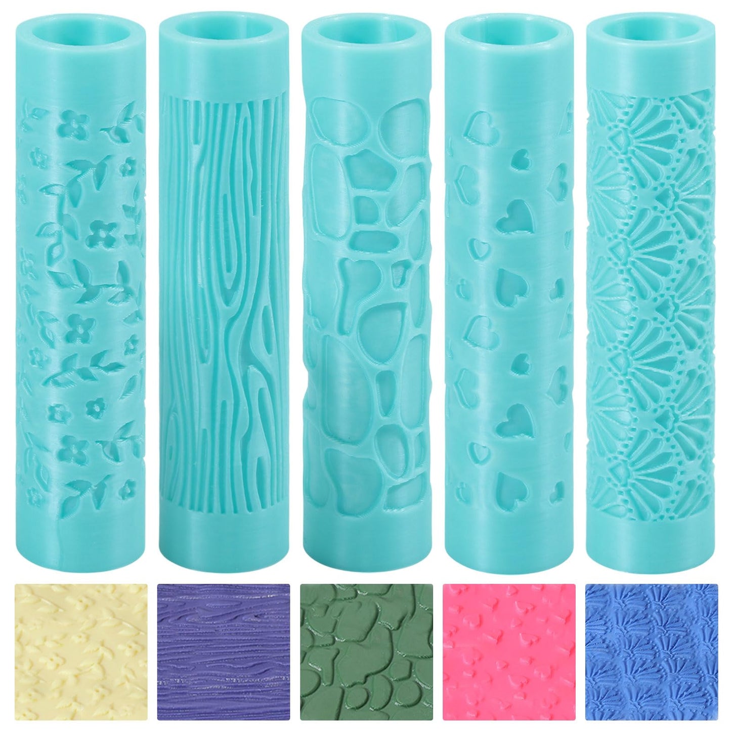 ORIGACH 5 Pcs Polymer Clay Texture Roller for Earring Making, Pottery Tools Texture Roller for Clay Jewelry Making Texture Pattern-Heart, Leaves and Flowers, Cobblestone, Wood Grain, Fan Shape
