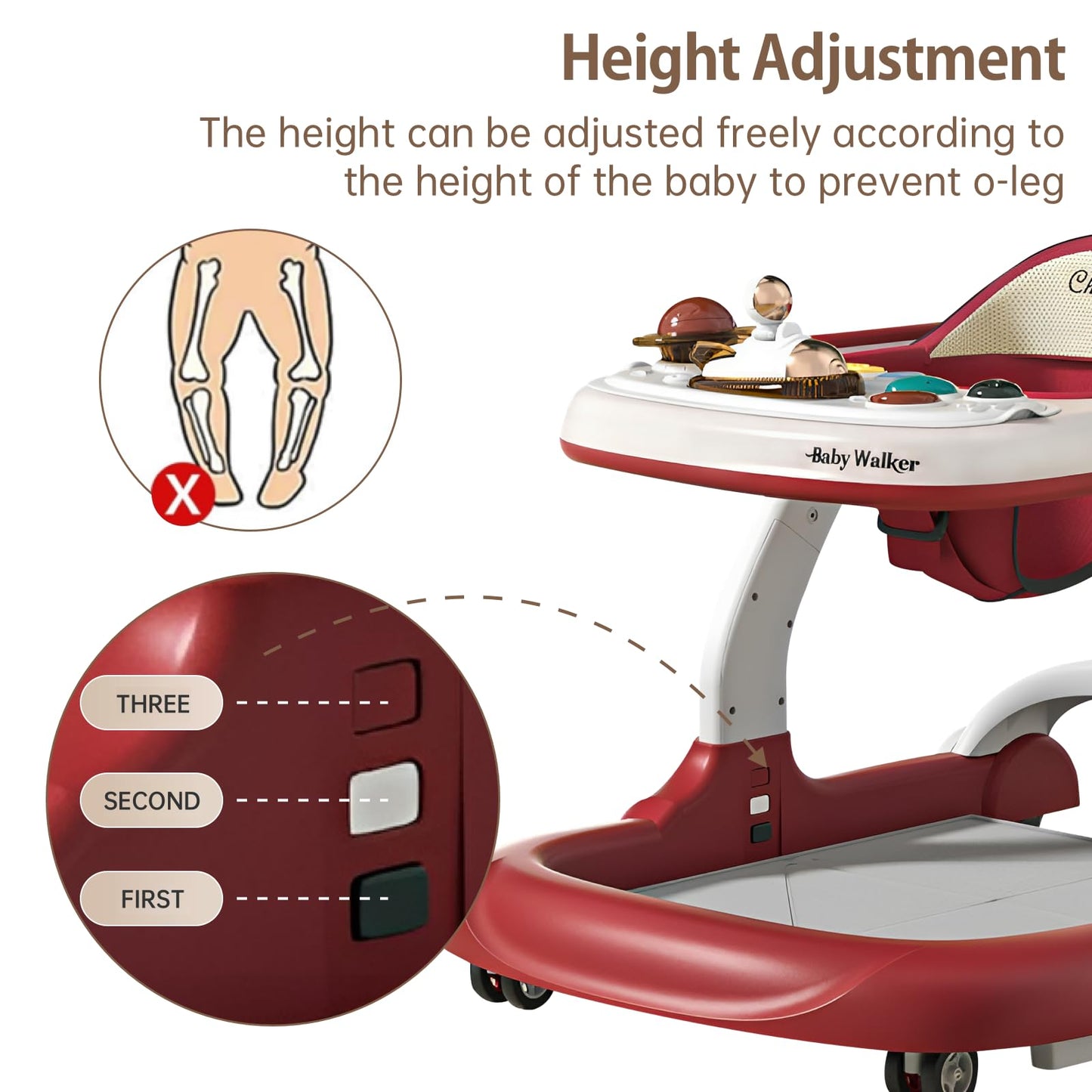 Baby Walker with Wheels Music and Lights with 9 Adjustable Heights Anti-Fall Baby Walker and Bouncer Combo for Boys Girls Babies 6-18 Months (Red and White)