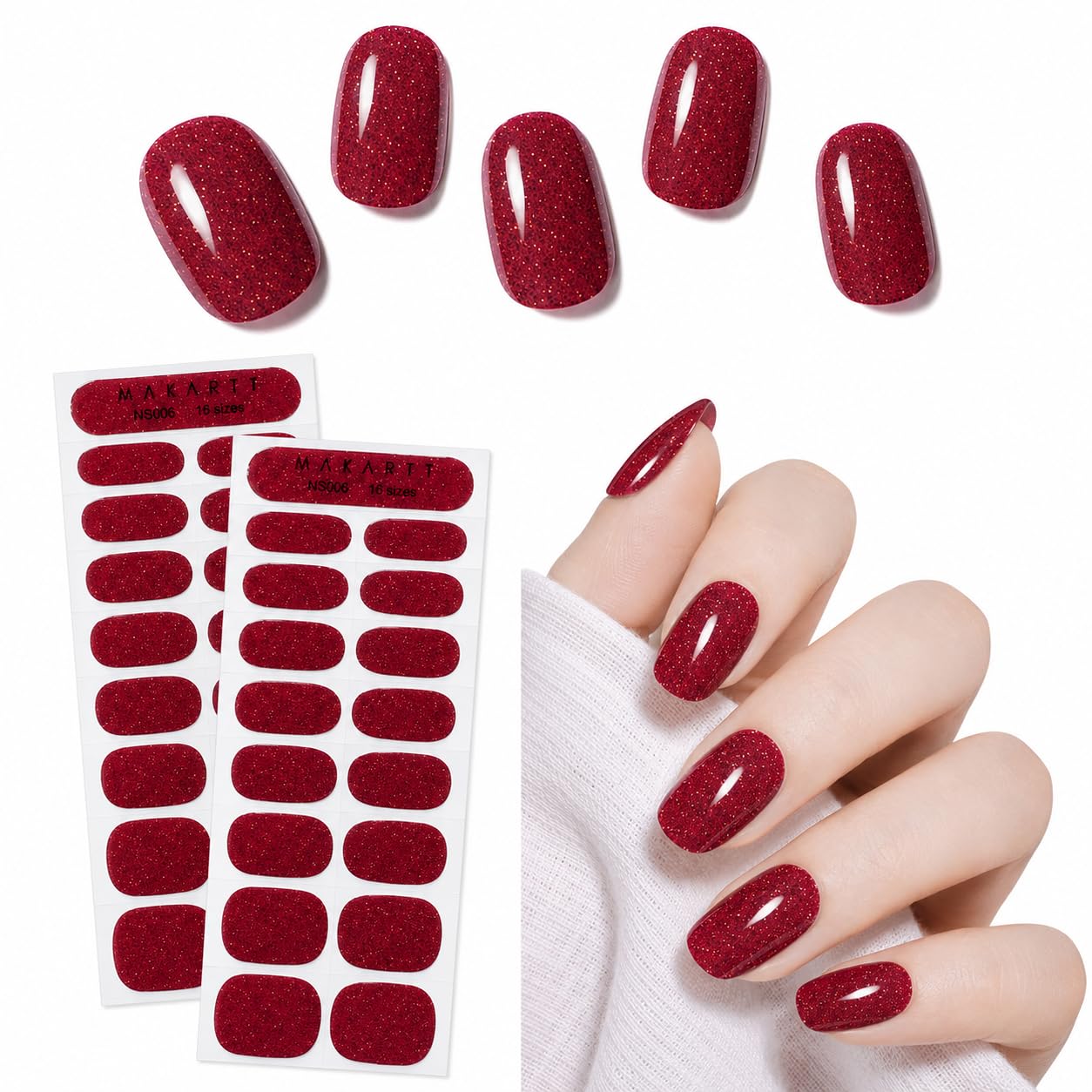 Makartt Semi Cured Gel Nail Strips Kit 2 Packs – Real Gel, Hema & TPO Free, 16 Sizes Anti-Lift Fit, UV Light Required, Salon Quality, Long Lasting, Includes Dual-Ended Tool & Prep Kit (Red Glitter)