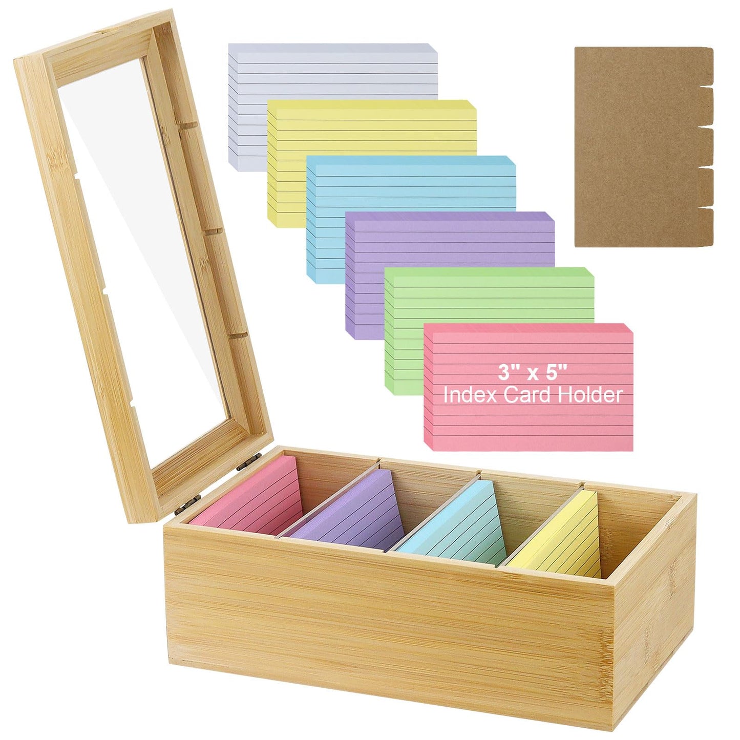 MultiBey Bamboo Index Card Box Organizer, 3x5 Inch with 300 Lined Cards & 3 Acrylic Dividers, Index Cards Storage Kit - Wood Recipe Box With Lid for Home & Office Study