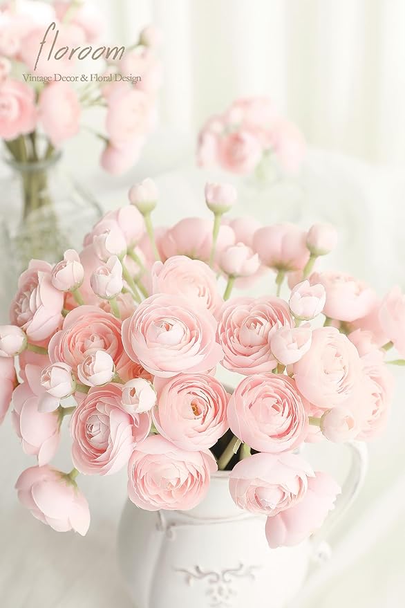 Floroom Ranunculus Artificial Flowers 18 Pcs Blush Faux Silk Mini Ranunculus Bulk Fake Wedding Filler Flowers for DIY Pink Bouquets, Centerpieces, Bridal Shower Decorations & Arrangements
