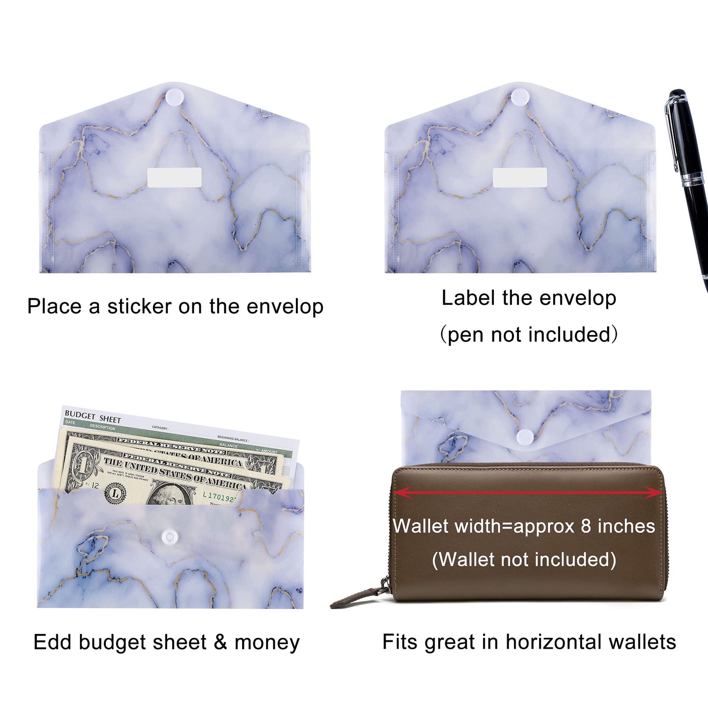 Lpraer 15 Pack Cash Envelope for Budgeting, Budget Envelope for Cash System, Money Envelope With Budget Sheet Sticker Box for Saving (Marble)