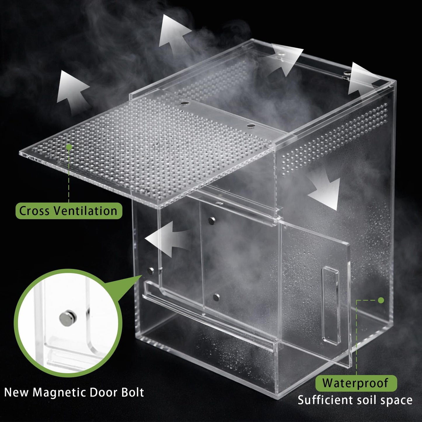 Jumping Spider Enclosure Kit, Waterproof Clear Acrylic Spider Terrarium, Front Opening + Top Access, Ventilated Insect Habitat with Moss Vine, Green Plant, 2 Moss Packs & Invisible Line (6-Piece Set)