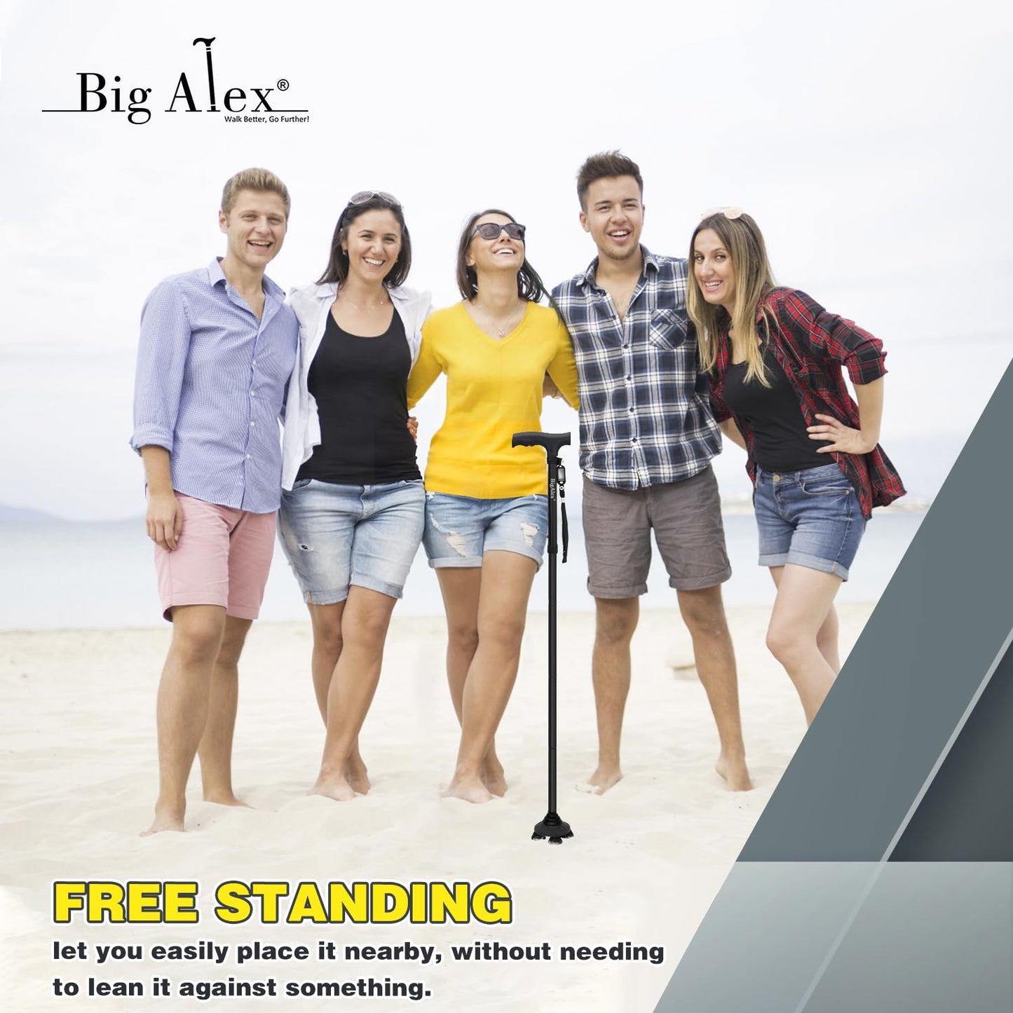 BigAlex Folding Walking Cane for Elderly Adjustable & Portable Walking Stick for Seniors,Pivoting Quad Base,Lightweight,Collapsible with Carrying Bag for Men/Woman