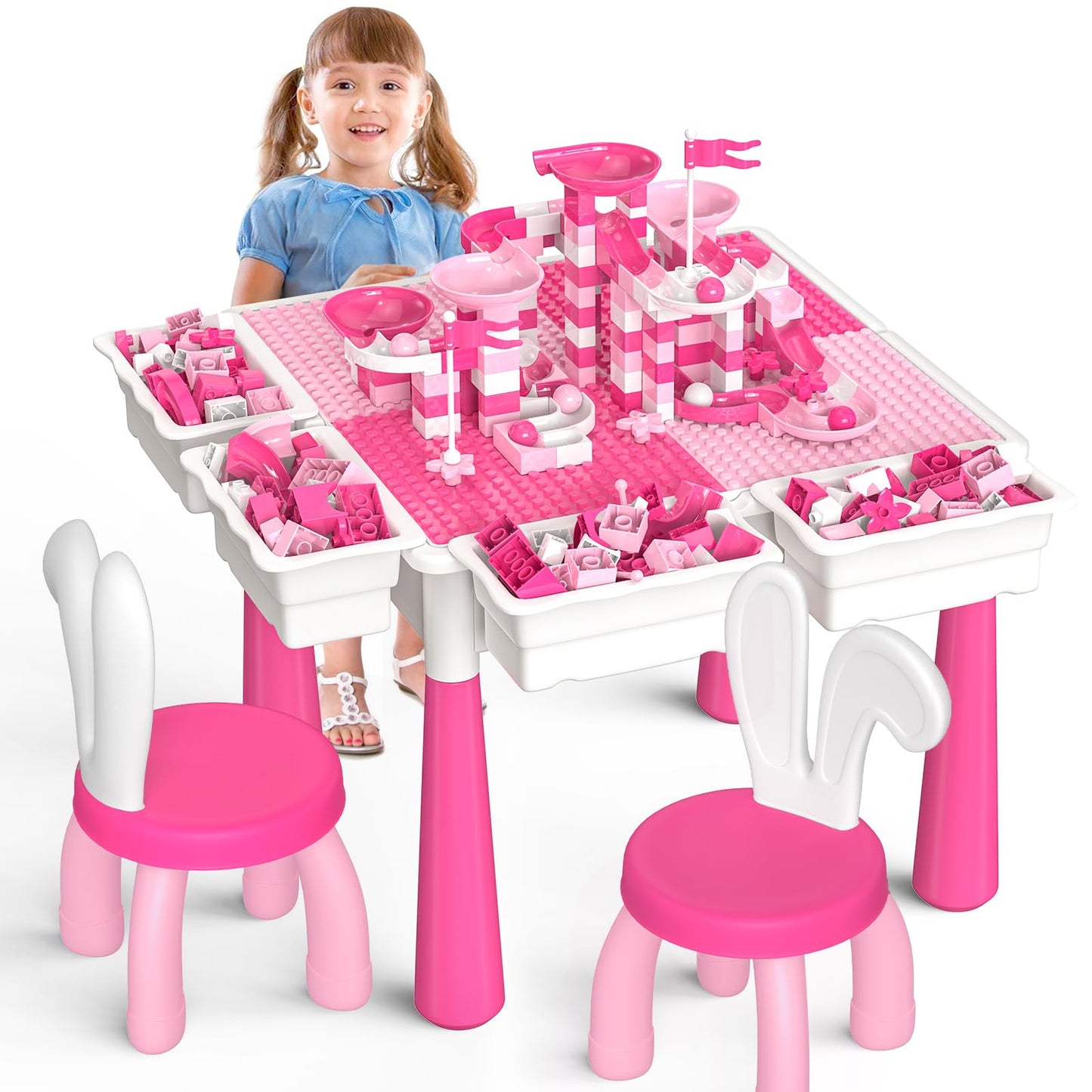 OCATO Kids Toddler Table and Chair Set: Water Table Activity Tables with 152Pcs Large Marble Run Building Blocks 2 Rabbit Chairs Storage All in One Play Sensory Sand Tables 3-6 Year Old Girl Toy Gift