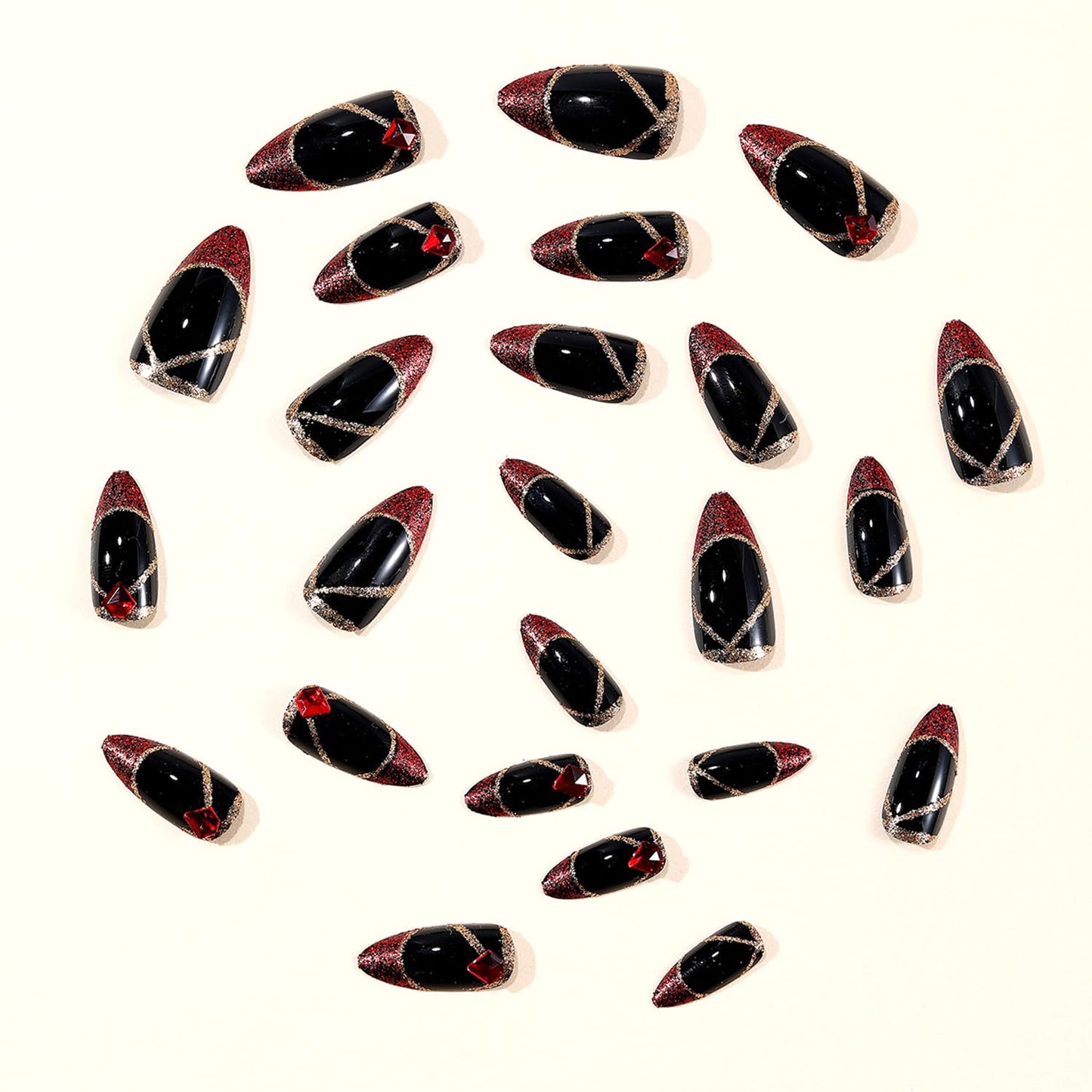 24Pcs Red Glitter French Tip Press on Nails - Medium Almond Fake Nails Press ons 3D Red Rhinestone Designs Gold Lines False Nails Black Glossy Full Cover Reusable Acrylic Stick on Nails for Women