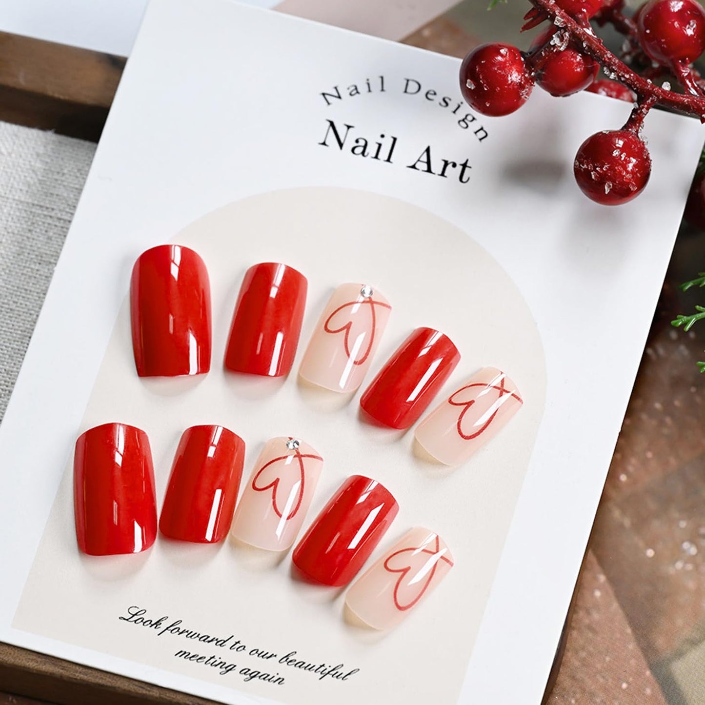 Valentines Press on Nails Short Square Artificial Acrylic False Nails Translucent Red Love with Rhinestones Full Cover Glossy Heart Stick on Nail Artificial Fingernails for Women Festival Manicure