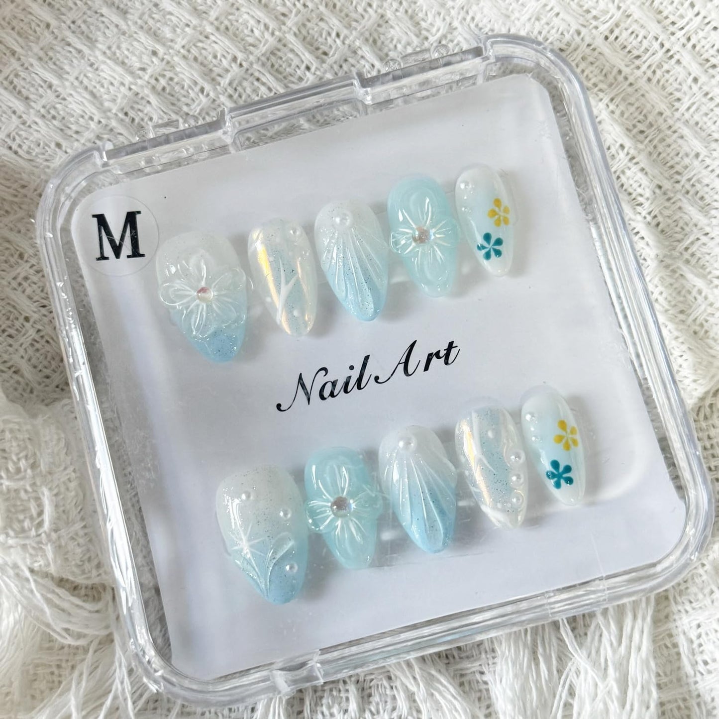 10PCS Handmade Press on Nails Short Almond Fake Nails Blue Gradient Acrylic Nails with Glitter designs Stick on Nails Pearl 3D Flower Unique Full Cover Gel Glue on Nails for Women False Nails（M Size）