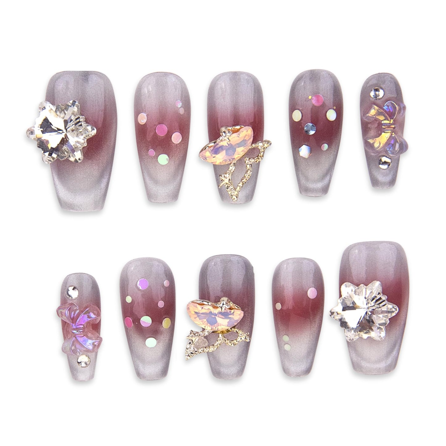 SIYOU Beauty | Magical Butterfly | Grey and Purple Butterfly Medium Coffin Press On Nails for Women (Small) - Reusable, Salon-Quality Fake Nails (10pc)