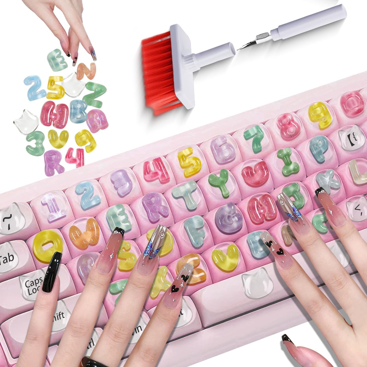 105PCS Keyboard Nail Bubbles - Macaron Ice-Transparent Buttons, Cute Bear Heads, Non-Toxic Odorless, Solve Typing Inaccuracy for Office/Daily Use + Cleaning Brush