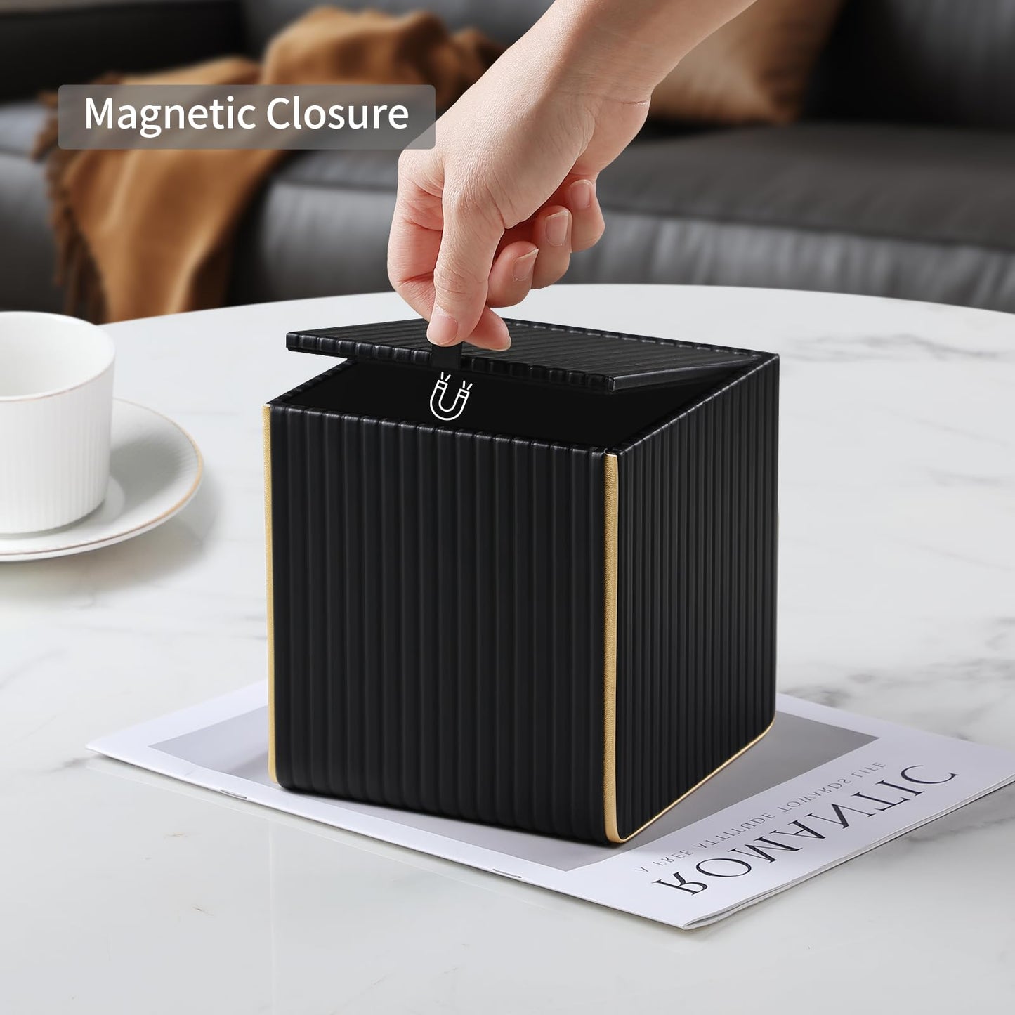 Square PU Leather Tissue Box Cover with Magnetic Closure, Decorative Tissue Holder & Storage Container for Bedroom, Living Room, Dining Room, Bathroom, Countertop, Desk & Office (Black)