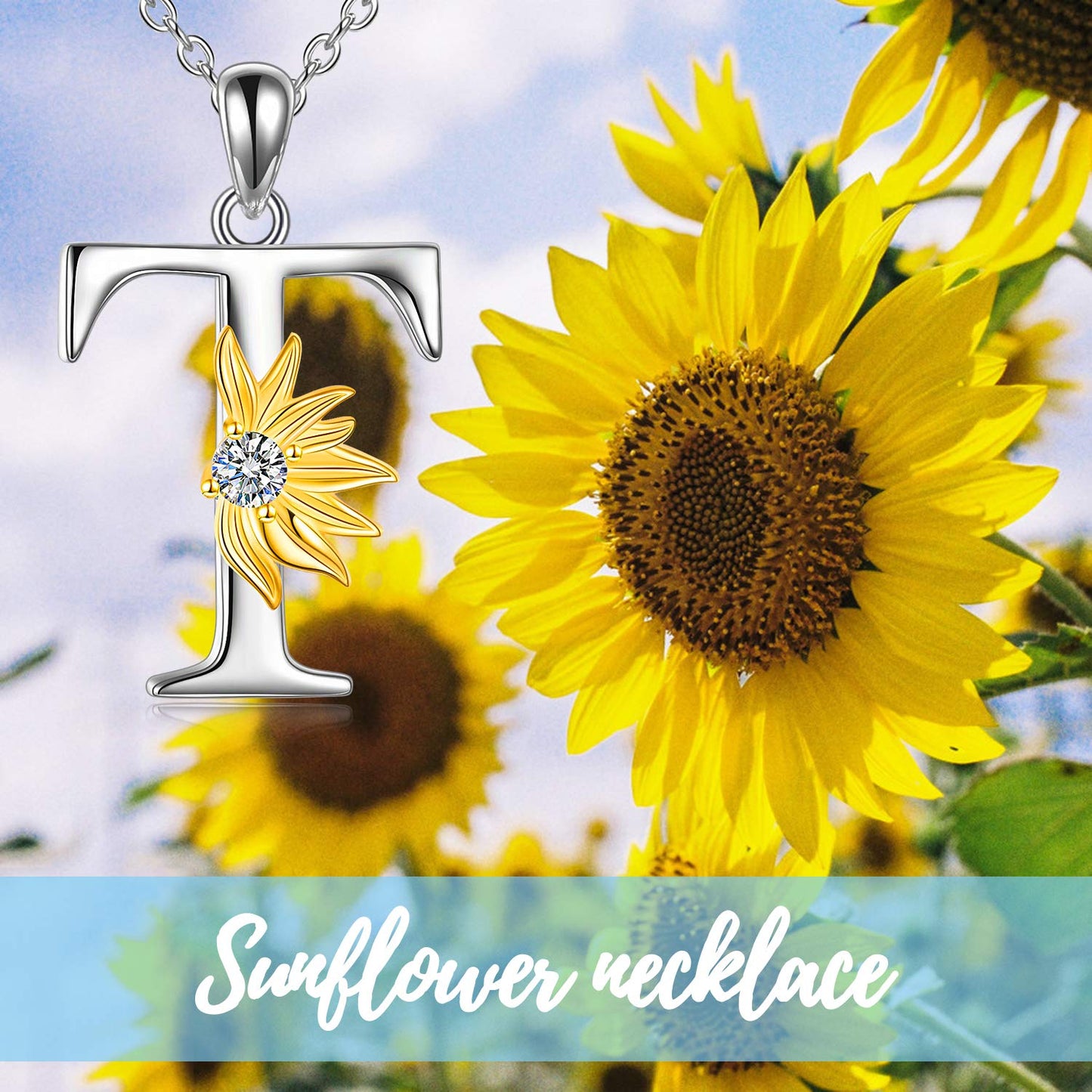POPLYKE Sterling Silver Initial Alphabet Letter T Script Name Pendant Chain Necklace for Women for (Sunflower T)