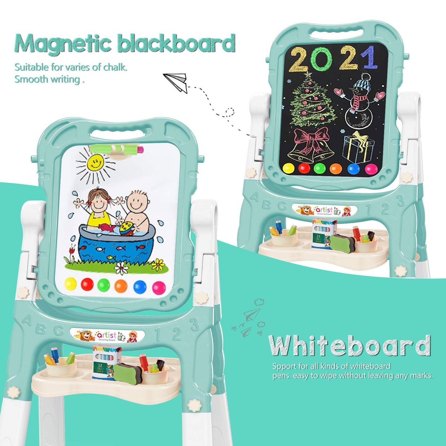 Mojitodon Easel for Kids,Rotatable Double Sided Easel for Kids Adjustable Standing Art Easel with Painting Accessories for Toddlers Boys and Girls-Green