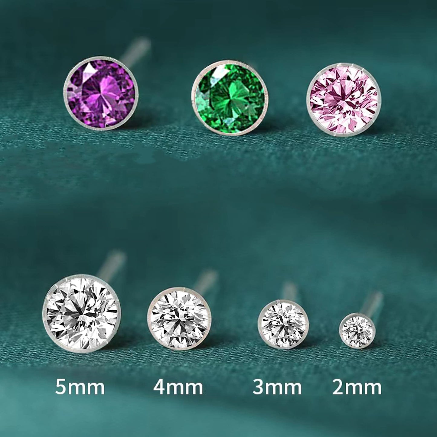 Anti Allergy Hypoallergenic Plastic Stud Earrings Set, 8 Pairs with Silicone Backs, 2-5mm Cubic Zirconia for Sensitive Ears (Pink)