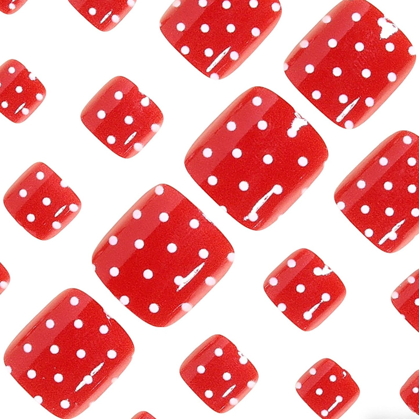RUOKEXIN Short Press on Toenails Square Fake Toenails with White Spots Designs Red Toe Nail Press ons Sparkly Artificial Nails for Women 24Pcs