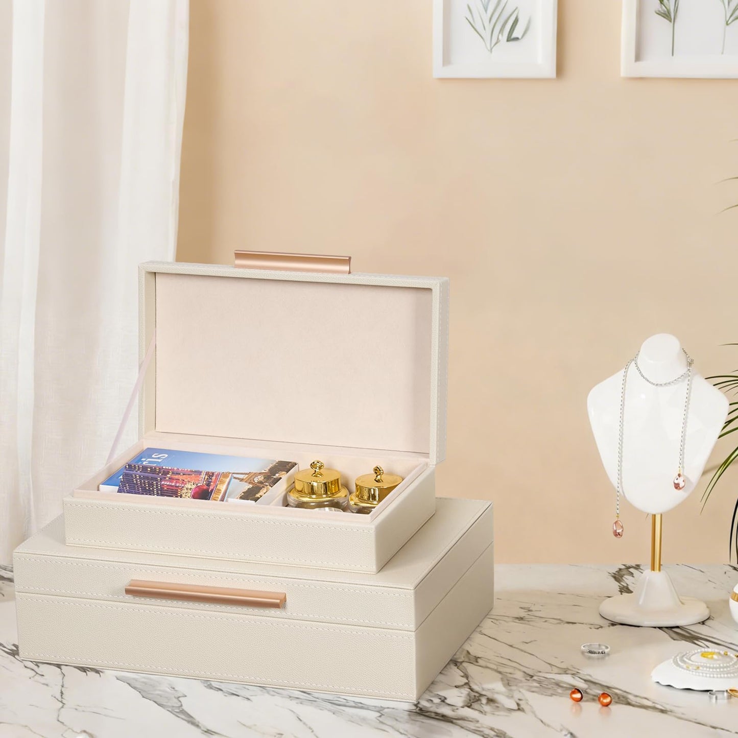 YUNSCEND Decorative Boxes with Lids 2-Set, Memory Box for Keepsakes, Saving Space, Beautiful PU Leather Keepsake Box, Decorative Storage Boxes with Gold Metal Handles Store Photos, Documents White